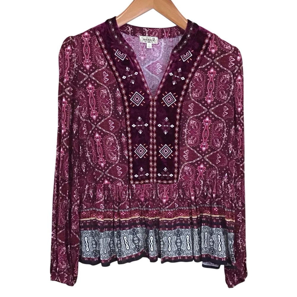 ONE WORLD‎ Wine Velvet Boho Blouse Size S Ruffle Embroidered Paisley